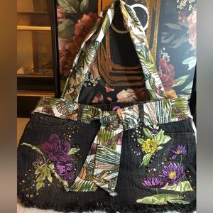 Floral Embroidered Denim Tote Bag with Tropical Strap - Purple & Green
